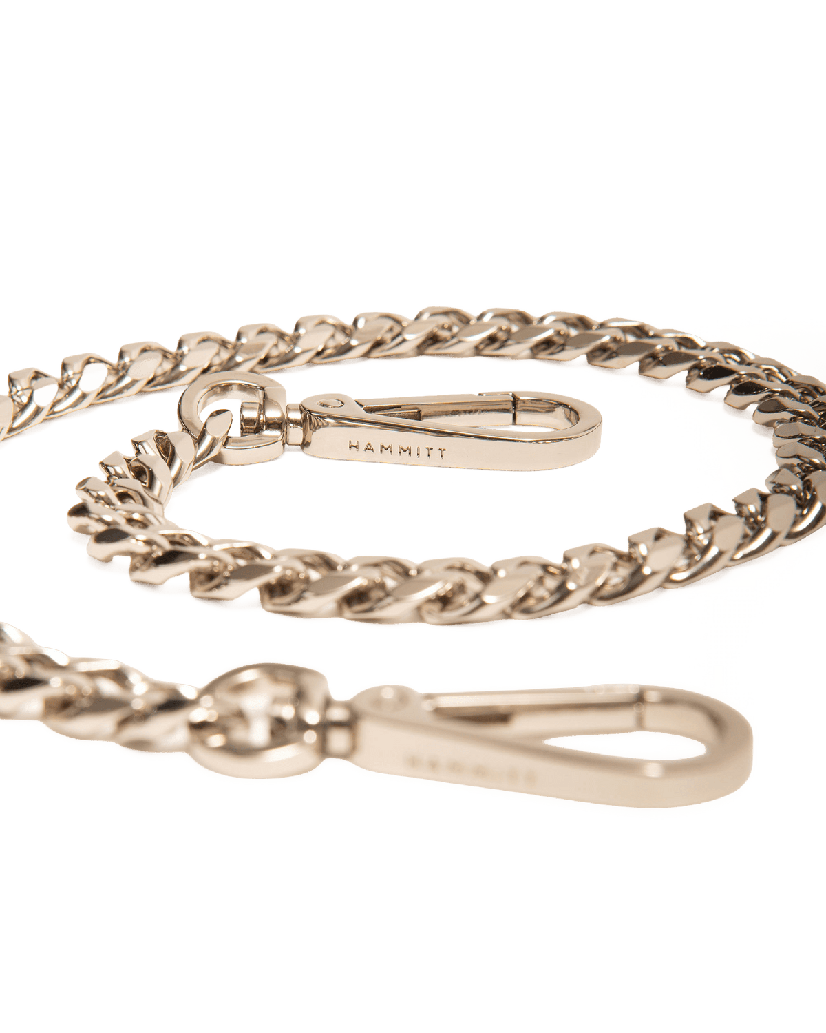 Close-up of the Hammitt Metal Chain Shoulder Strap in Silver clasp and curb chain detail