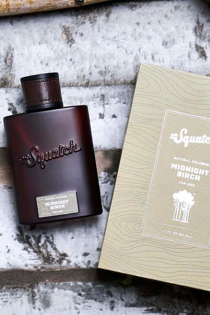Dr. Squatch Midnight Birch cologne, an alluring, shadowy scent for date nights, evenings out and special occasions, a great gift for him