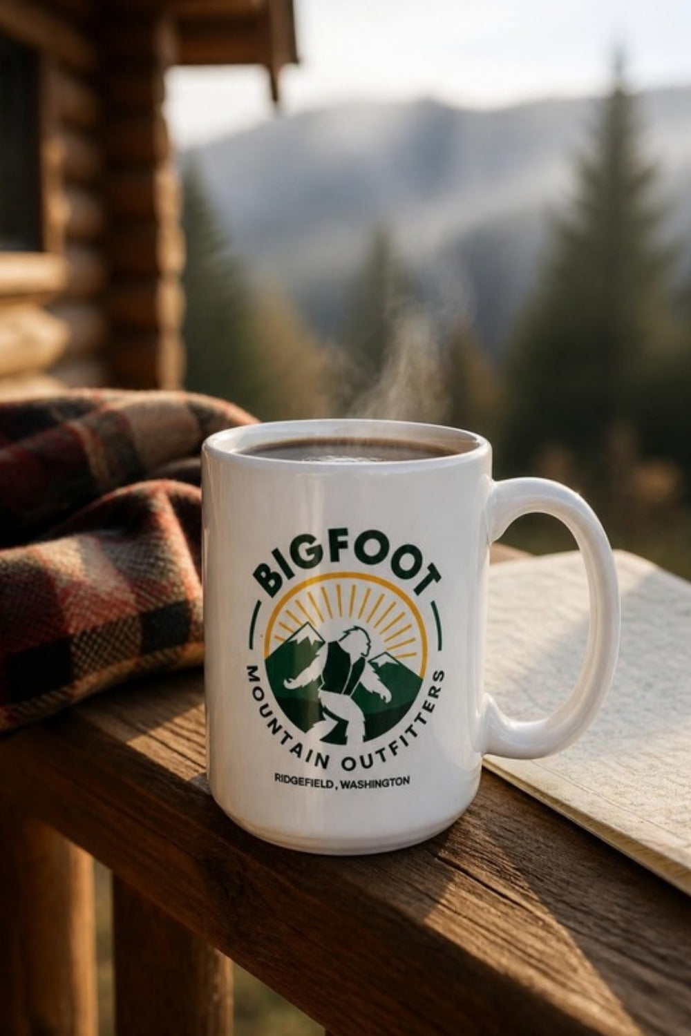 Bigfoot Mountain Outfitters logo mug for slow mornings at the cabin, the campsite, or the office — a sturdy ceramic mug that shows off your love of the Pacific Northwest outdoors. An easy gift for dads, hunters, hikers, and Bigfoot believers.
