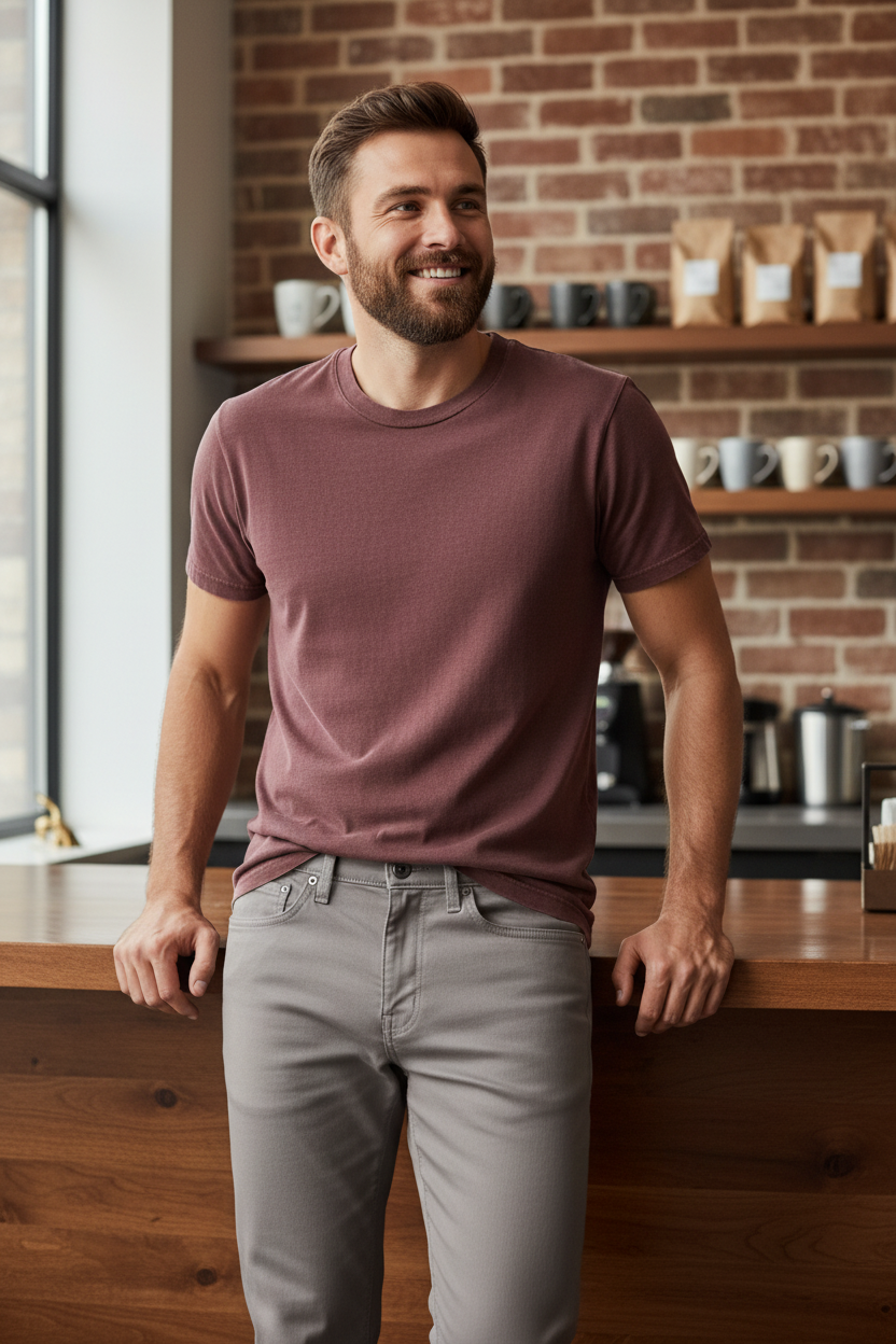 Man wearing the DUER No Sweat Slim Straight in Stone with the Rhythm Classic Vintage Tee in Merlot at a cozy restaurant, an easy outfit for dinners out, coffee dates and relaxed weekends