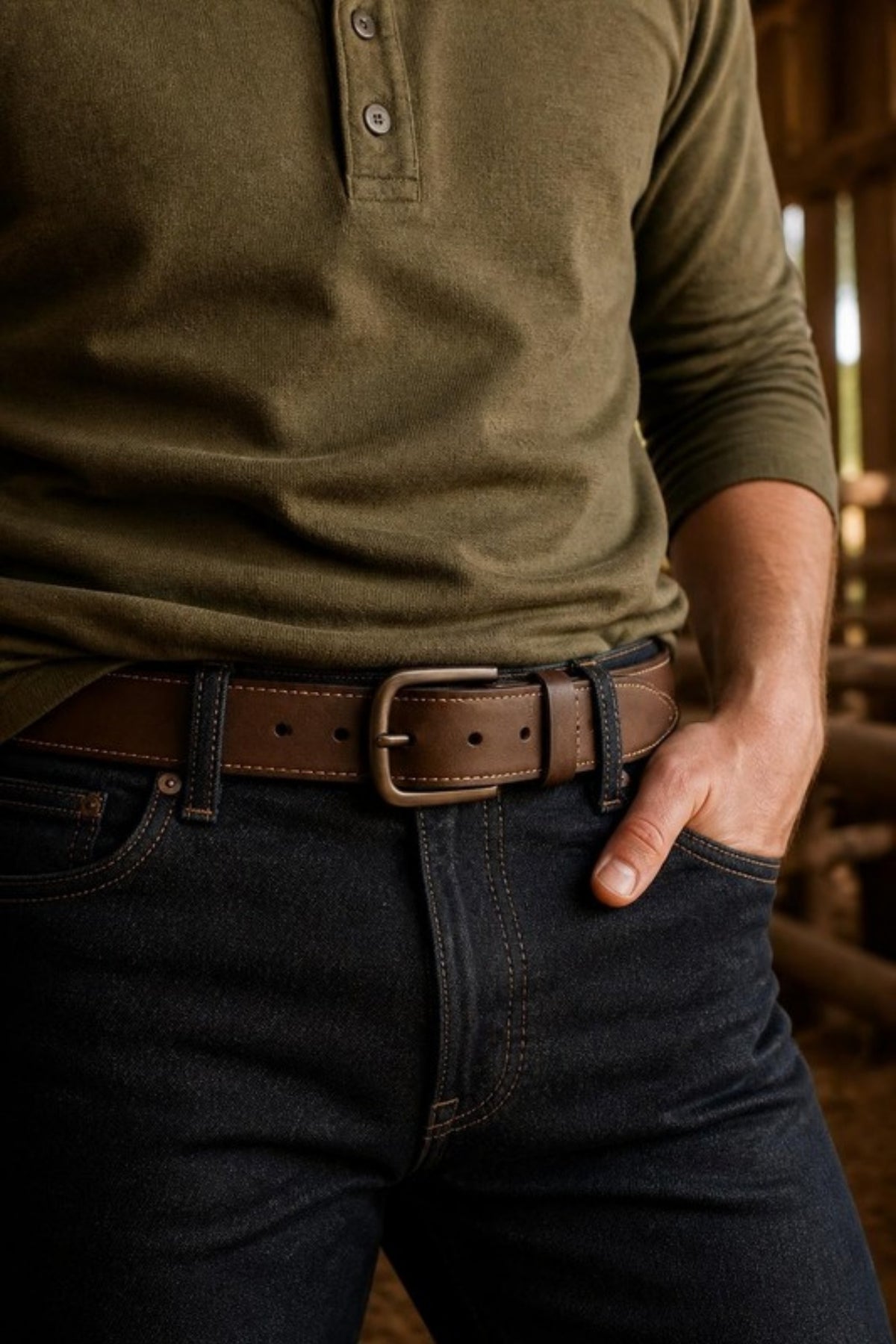 Johnston & Murphy Oiled Contrast-Stitched Belt in Brown worn with dark jeans and a henley, a rugged oiled leather belt that ages beautifully for weekends, workdays and everyday jeans