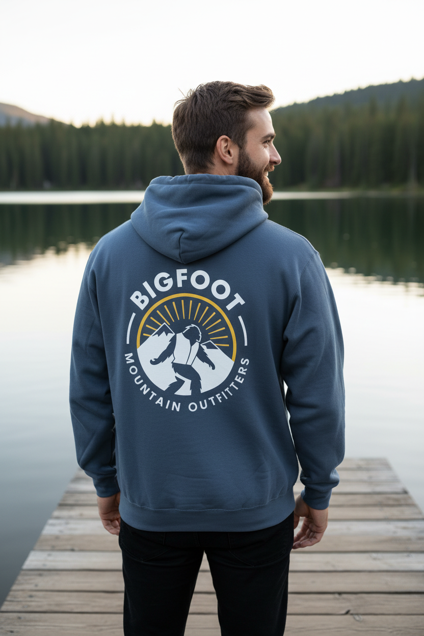 Bigfoot Mountain Outfitters Original Hoodie in blue worn on a lake dock, a cozy logo hoodie for fishing mornings, camping trips and cool PNW evenings.