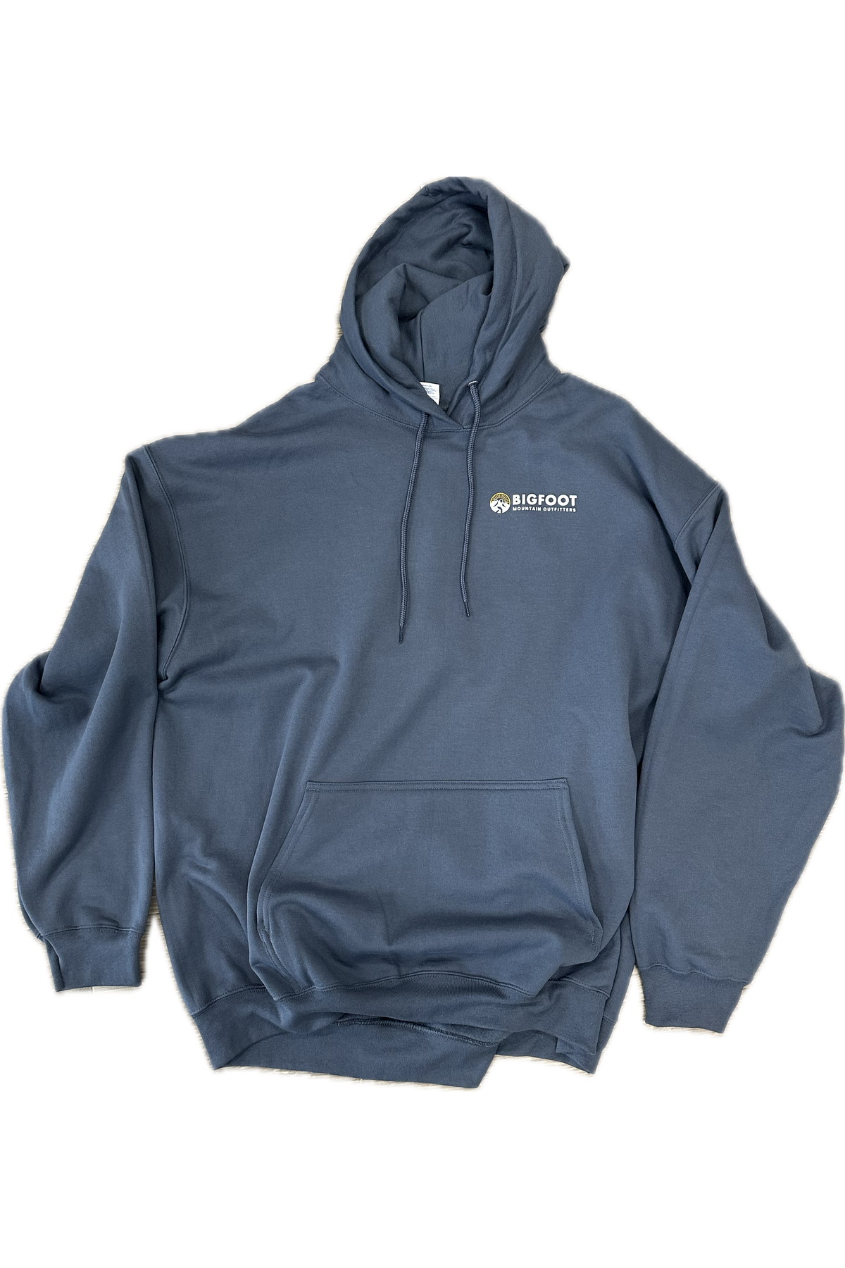 Front of the Bigfoot Mountain Outfitters Original Hoodie in blue with a small chest logo and pouch pocket, an easy everyday hoodie and a great gift for outdoor lovers.