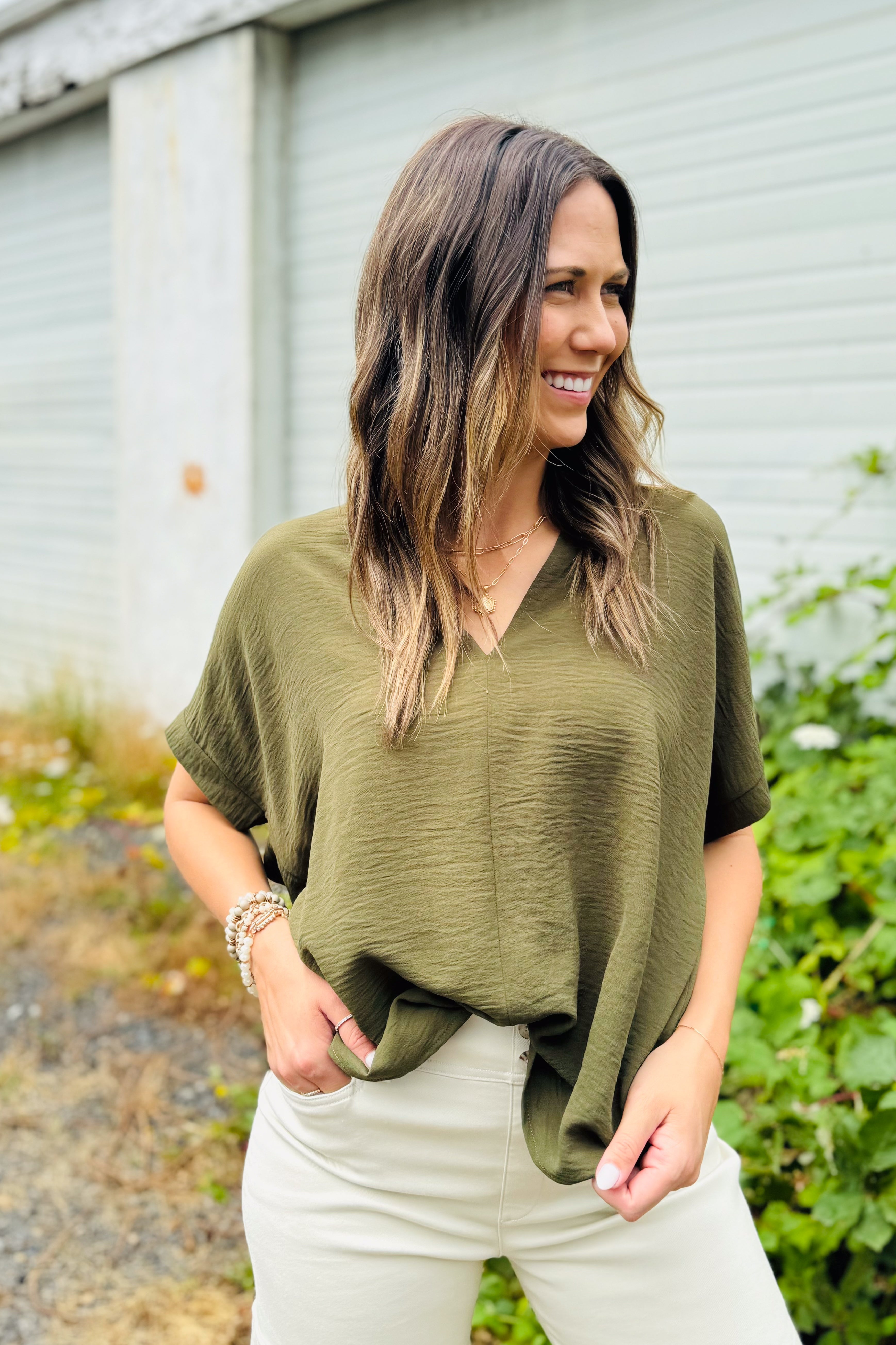 Oversized V-Neck Folded Short Sleeve Top