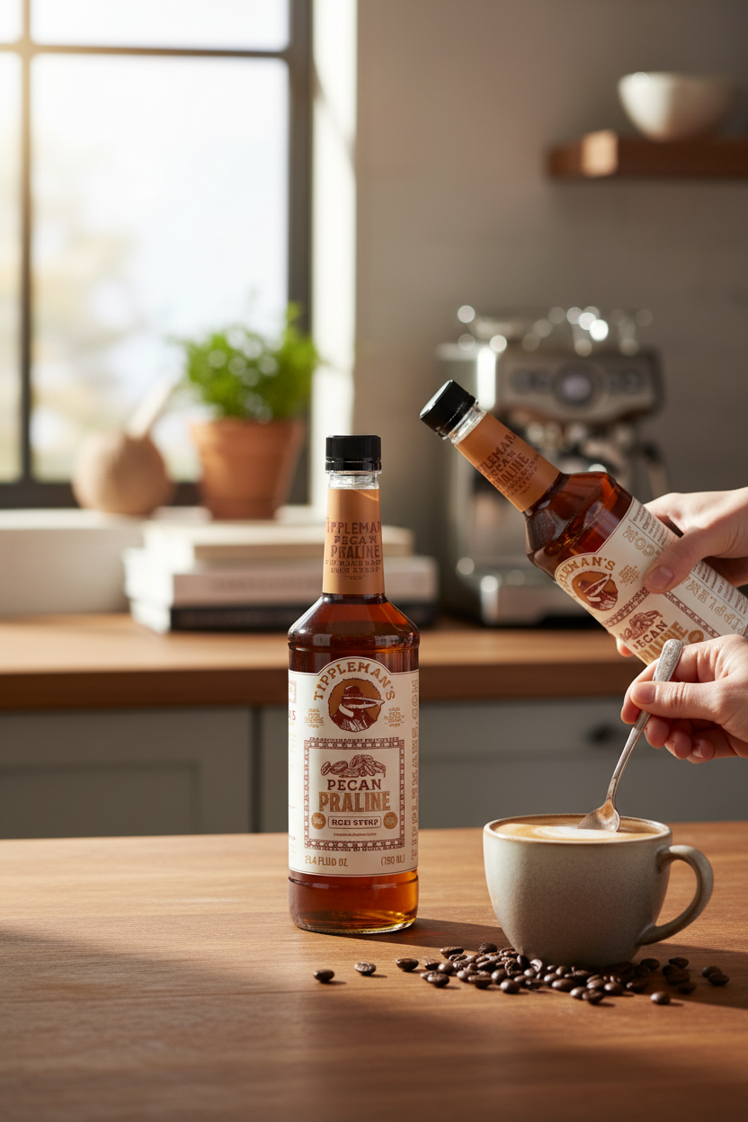 Bittermilk Pecan Praline Coffee Syrup on a kitchen counter with a latte, perfect for lattes, cocktails and holiday baking
