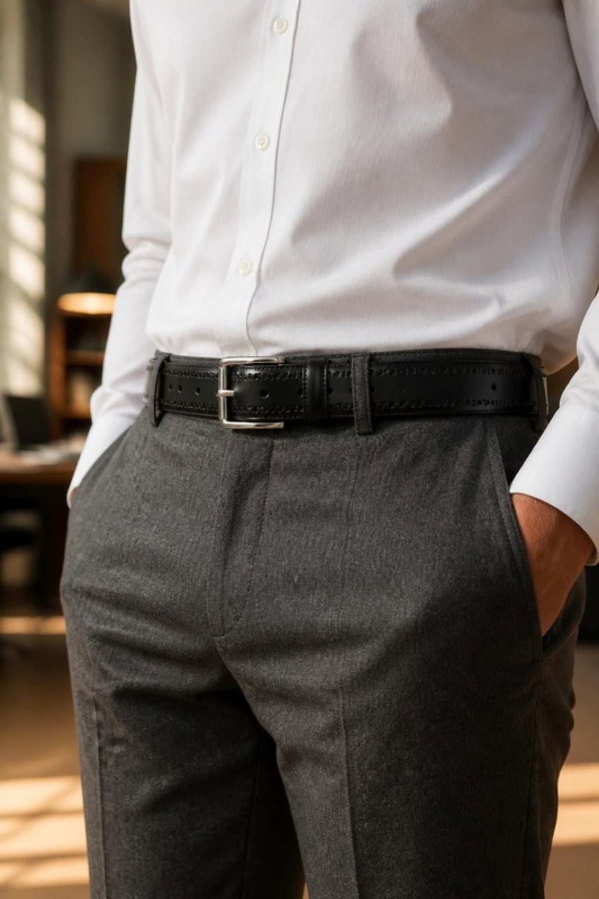 Johnston & Murphy Perfed-Edge Leather Belt in Black worn with grey trousers and a white dress shirt, a polished leather dress belt with perforated detail for the office, interviews and dressy events