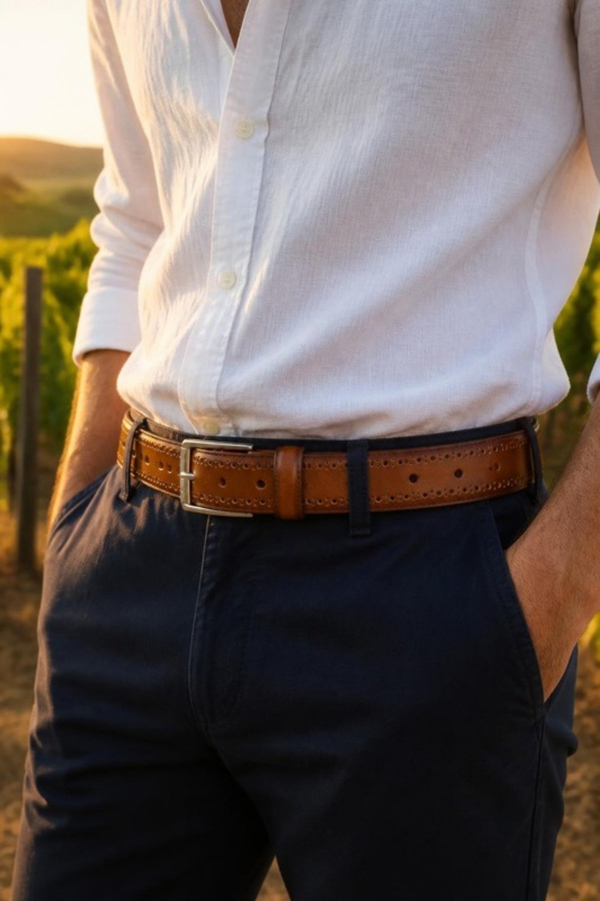 Johnston & Murphy Perfed-Edge Leather Belt in Tan worn with navy chinos and a white linen shirt at a vineyard, a warm tan leather belt with perforated detail for summer events, wine tasting and smart-casual days