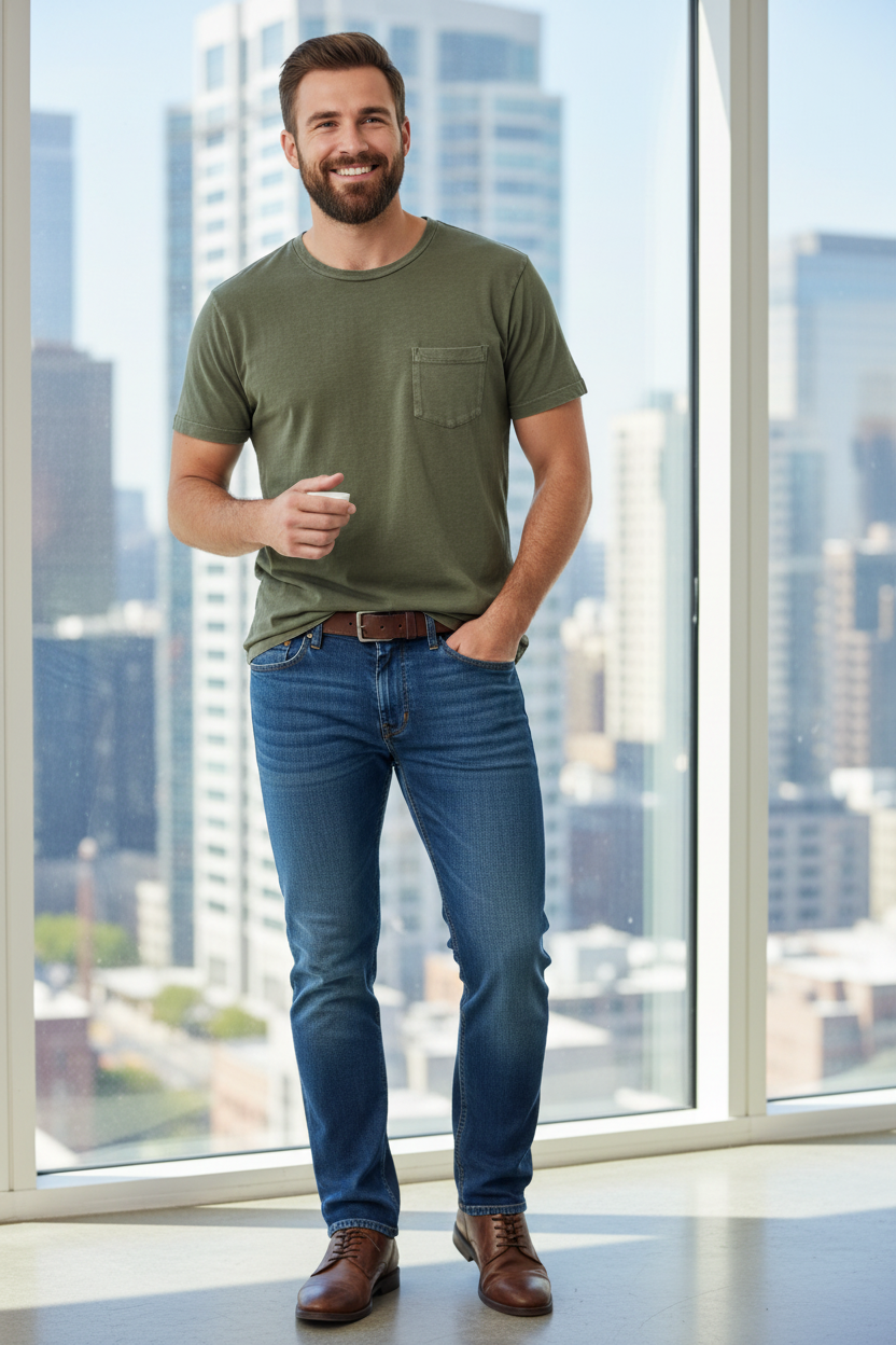 Man wearing the DUER Performance Denim in Ocean Swell with the DUER PurePima Pocket Tee in Washed Kelp in a modern office, an easy outfit for the office, casual Fridays and business-casual days