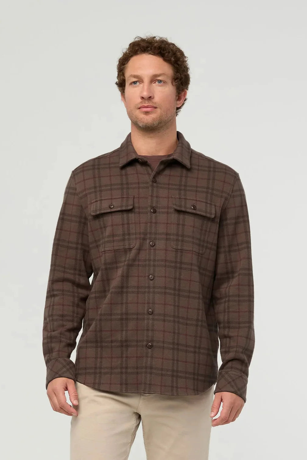 DUER Performance flannel overshirt in Stout Plaid, a stretchy, warm layer you will reach for when the chill hits, from fall hikes and tailgates to the office