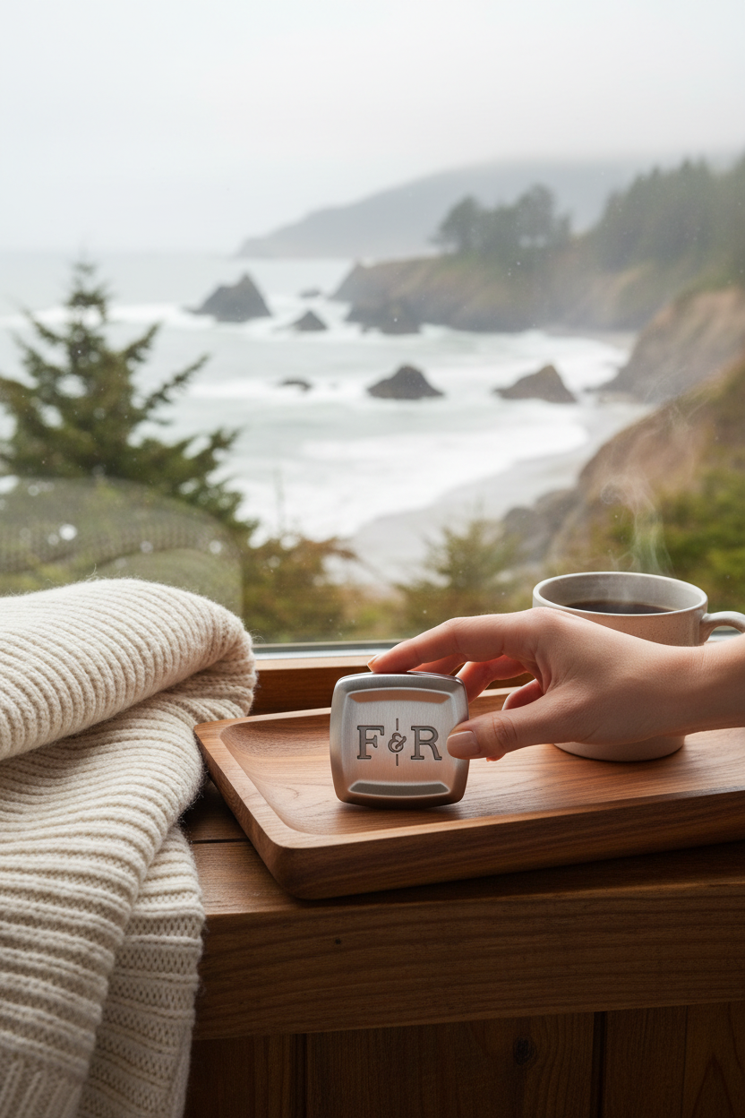 Fulton & Roark Perpetua solid cologne on a cedar tray by a window overlooking the Oregon coast, a fresh Atlas cedar and sea air fragrance for everyday wear, road trips and gifting