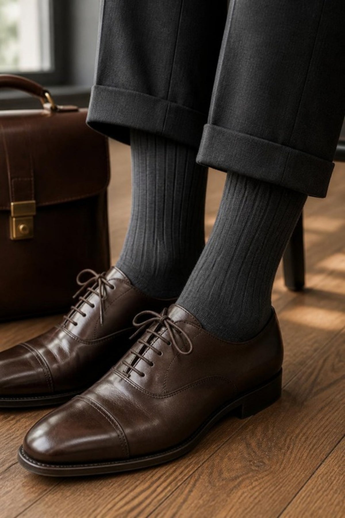 Johnston & Murphy Pima Cotton Ribbed Socks in Charcoal worn with wool trousers and brown oxfords, soft breathable dress socks for the office, meetings and everyday wear with dress shoes