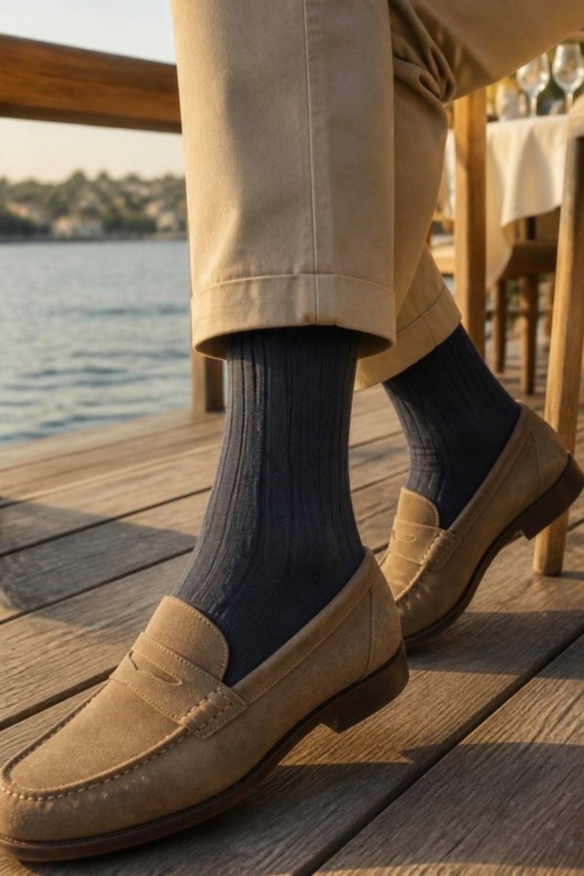 Johnston & Murphy Pima Cotton Ribbed Socks in Navy worn with chinos and suede loafers at a waterfront dinner, soft breathable dress socks for the office, date nights and summer events