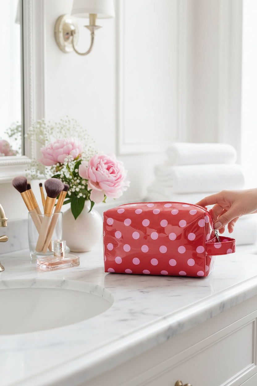 Arktana Polka Dot Makeup Bag in Red with Pink Dots on a marble vanity with makeup, perfect for makeup, toiletries, travel and gifting
