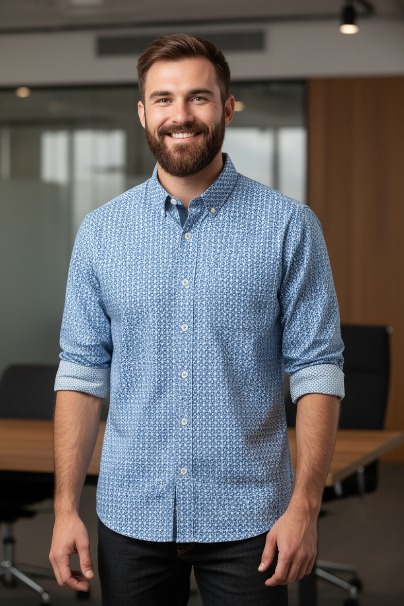 Johnston & Murphy Printed Cotton Shirt in blue/navy diamond swirl, a comfortable stretch poplin shirt that looks sharp at the office and stays easy to wear from morning meetings to after-work drinks.