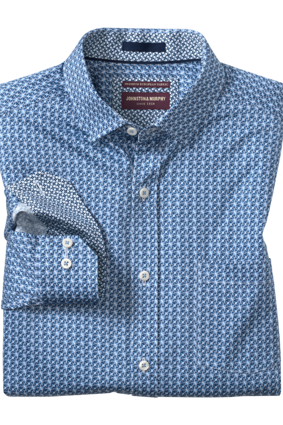 Johnston & Murphy Printed Cotton Shirt in Blue/Navy Diamond Swirl, a breezy short sleeve shirt for vacations, summer weddings, patio dinners and warm weekends