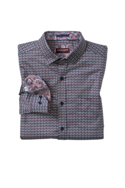 Johnston & Murphy Printed Cotton Shirt - Martini Print - Navy/Burgundy, a breezy short sleeve shirt for vacations, summer weddings, patio dinners and warm weekends
