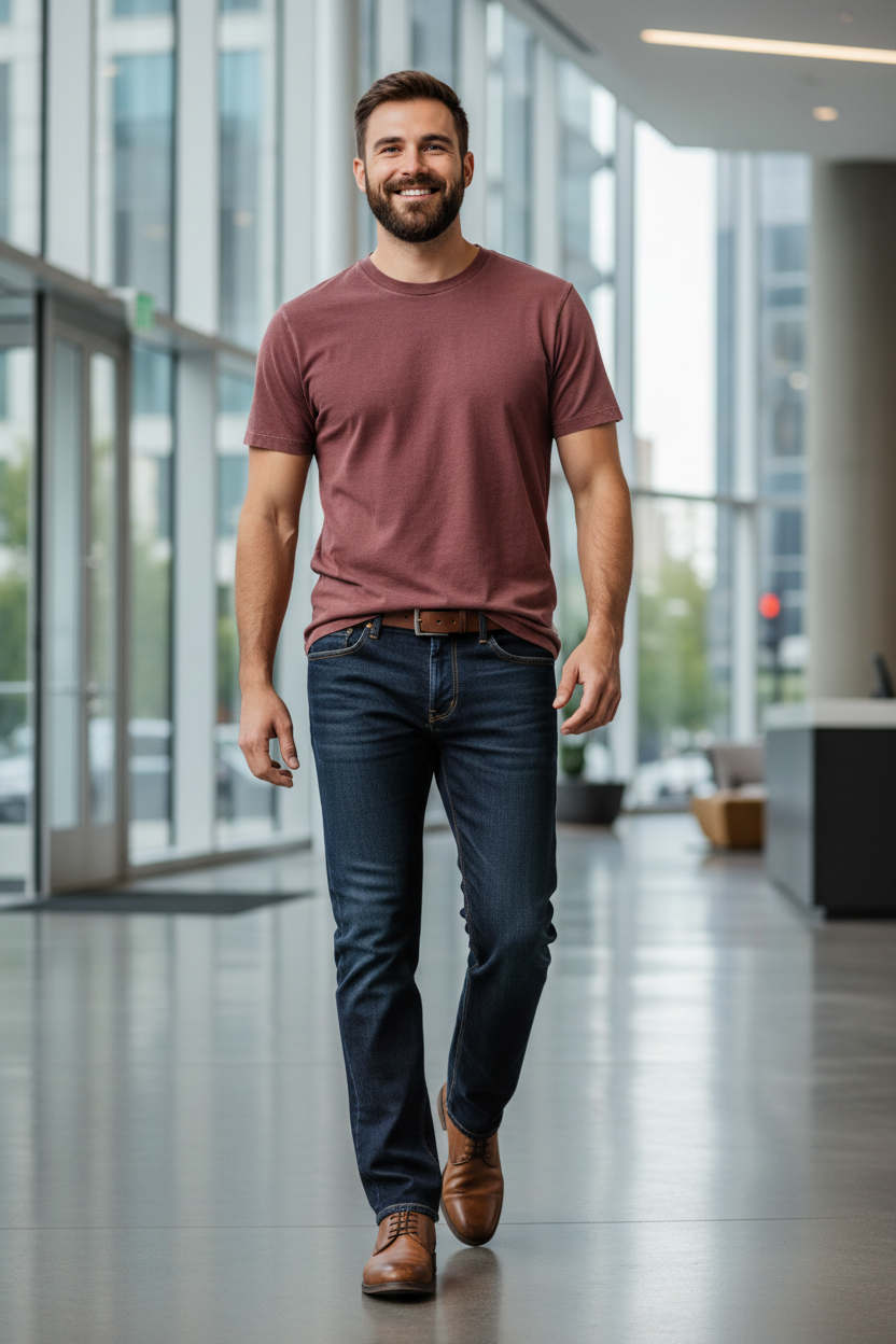 Man wearing the AG Protege in Blue Noise with the Rhythm Classic Vintage Tee in Merlot in a modern office, an easy outfit for the office, casual Fridays and business-casual days
