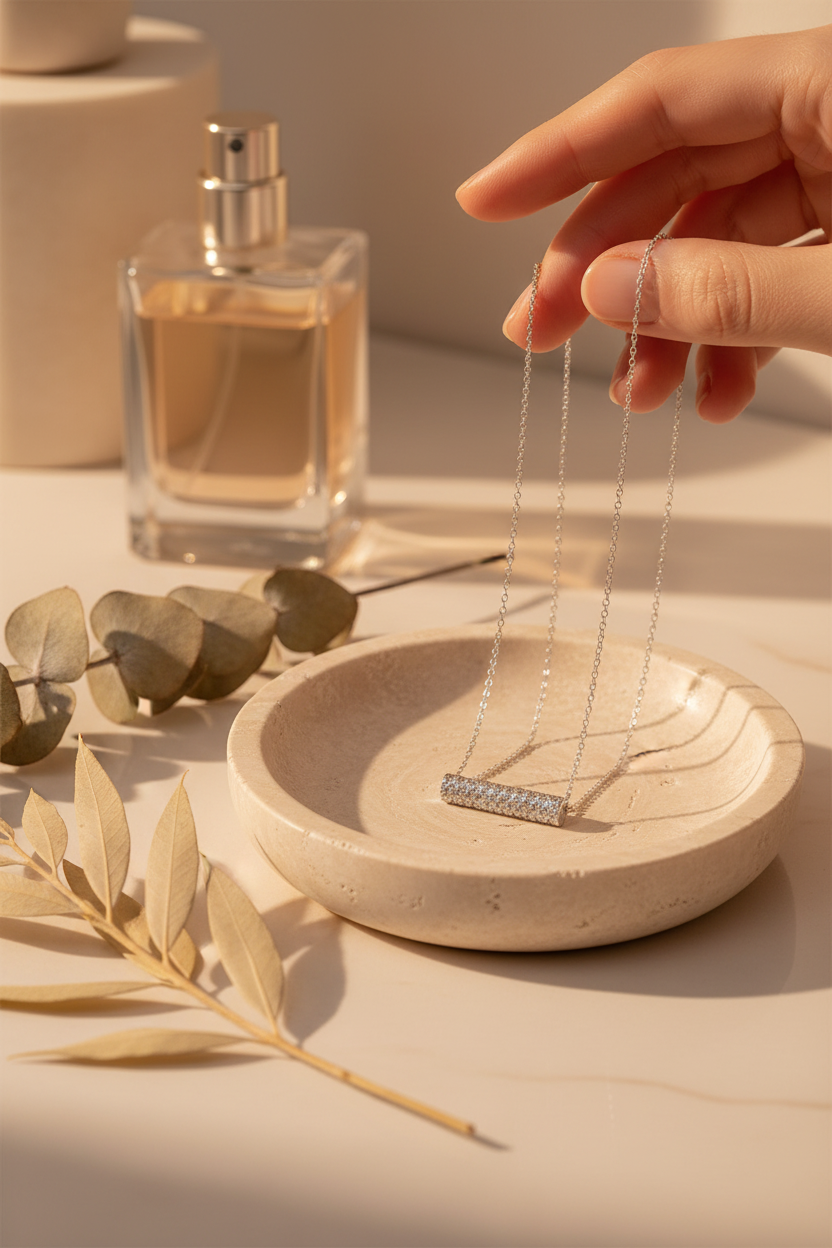 Silpada Raise the Bar Pendant Necklace draped on a travertine jewelry dish, perfect for layering, everyday wear and gifting