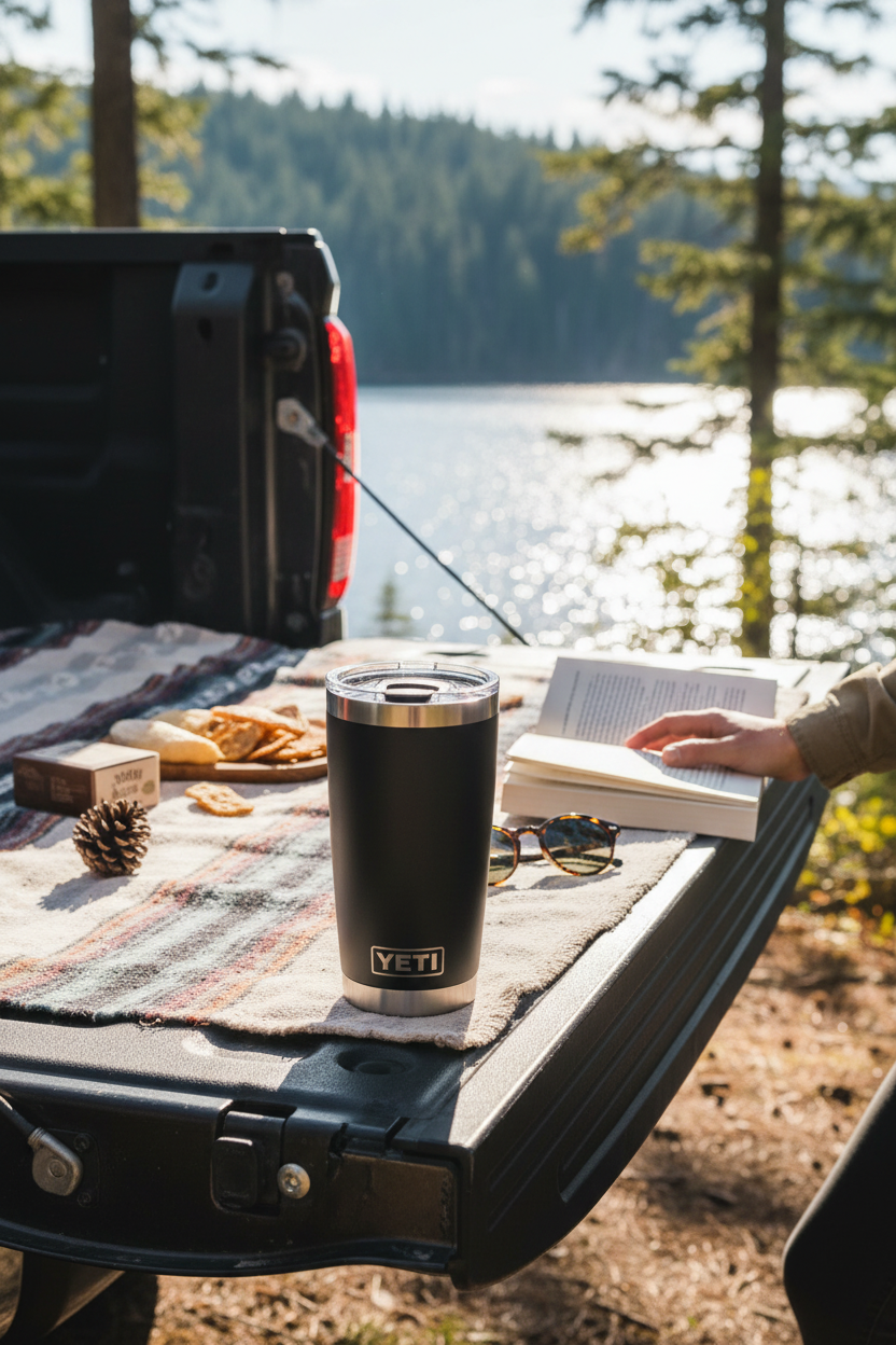 YETI Rambler 20 oz Tumbler with MagSlider Lid in Black at a lakeside picnic, perfect for picnics, beach days, camping and road trips