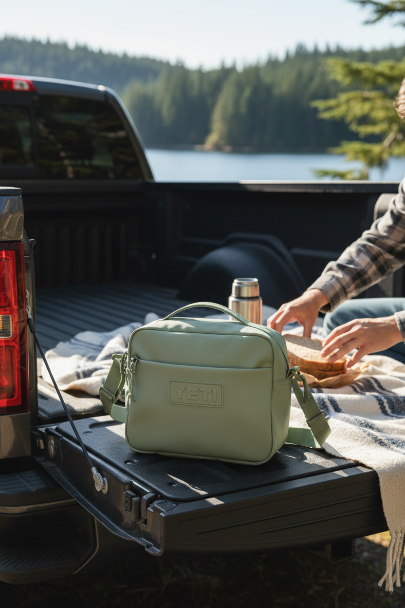 YETI Ranchero Crossbody 4L Bag in Pampa Light Green at a lakeside picnic, perfect for picnics, beach days, camping and road trips