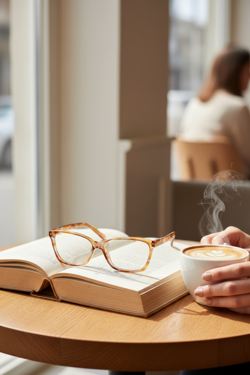 Blue Gem Reader Glasses (1985) on an open book with a latte, perfect for reading, screen time and everyday wear