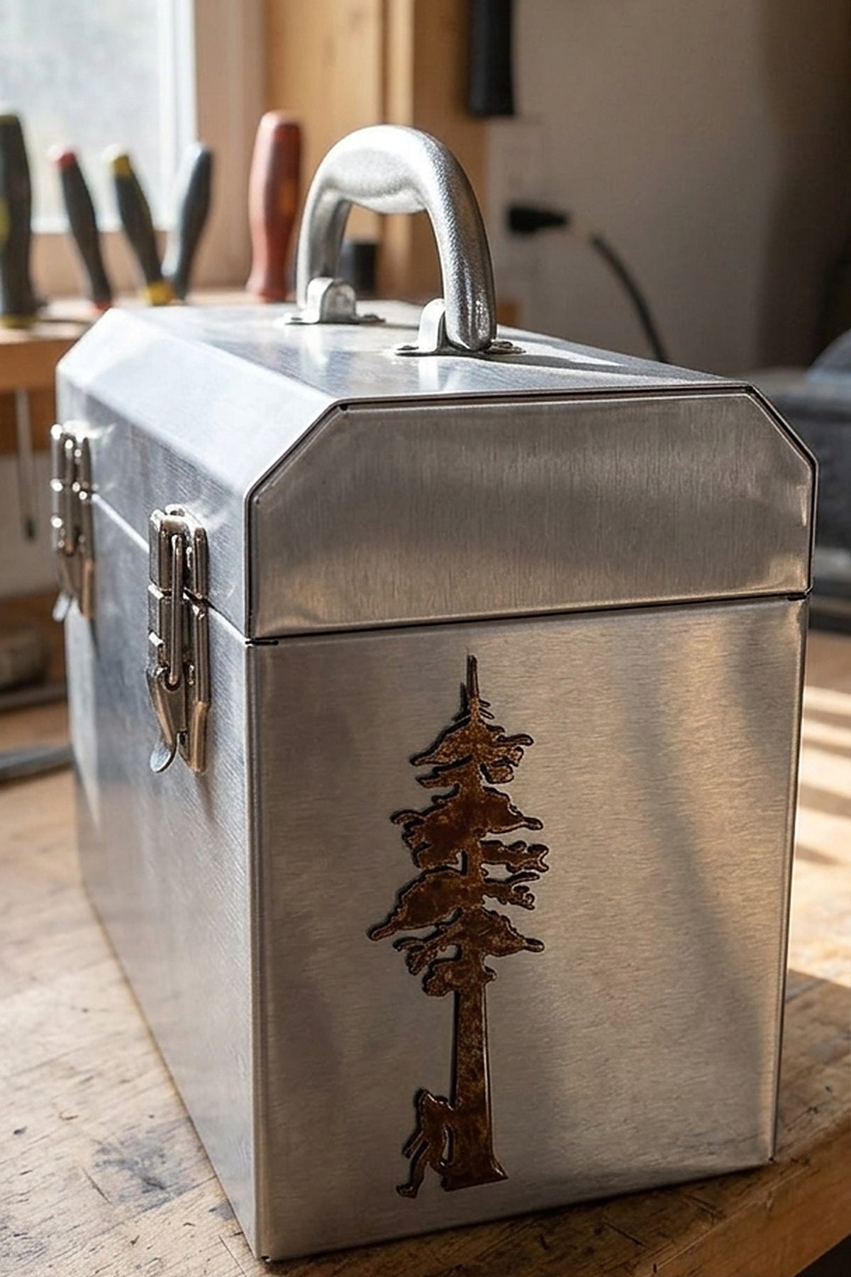 Paradise Cay Publications Redwood Tree with Bigfoot magnet on a metal toolbox, a rustic forest magnet for the workshop, truck or cabin