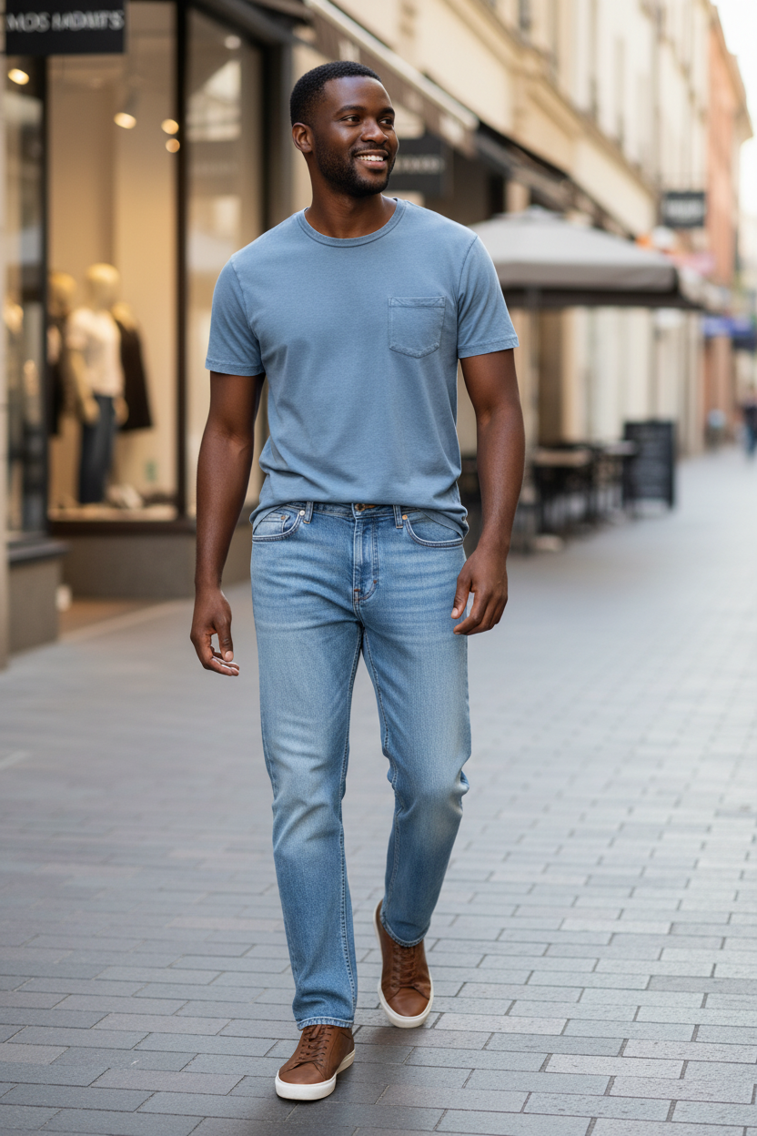 Man wearing the Liverpool Regent Relaxed Straight in Avila with the DUER PurePima Pocket Tee in Stone Blue on a city street, an easy outfit for city strolls, shopping and weekend errands