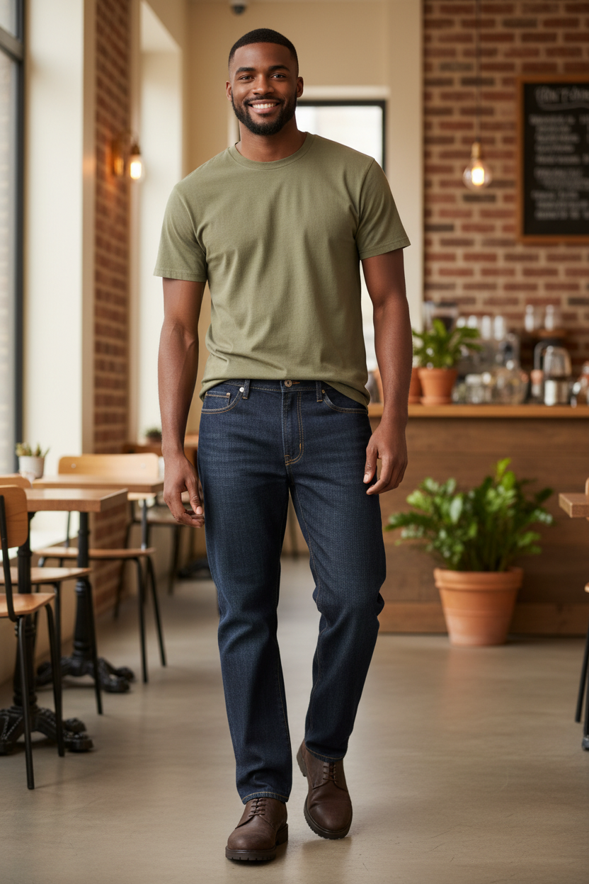 Man wearing the Liverpool Regent Relaxed Straight in Hudson with the Rhythm Classic Vintage Tee in Olive at a cozy restaurant, an easy outfit for dinners out, coffee dates and relaxed weekends