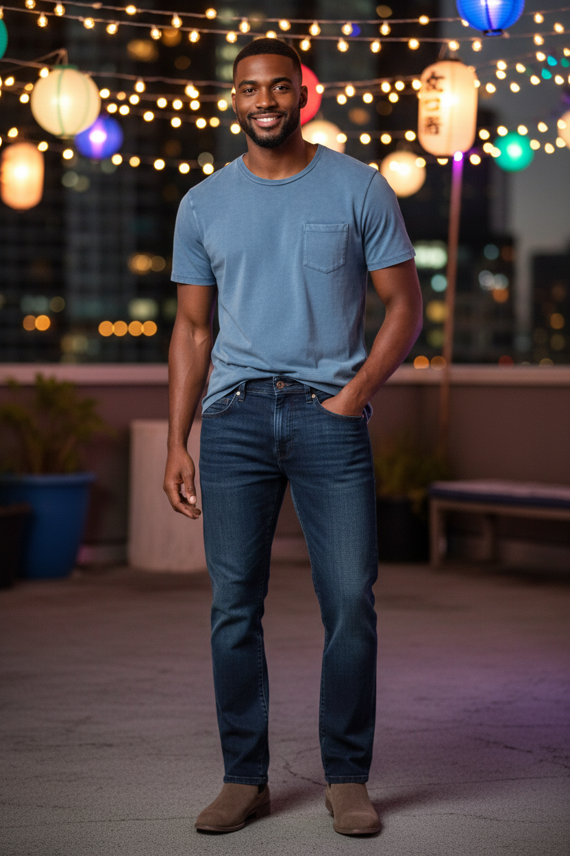 Man wearing the Liverpool Regent Relaxed Straight in Palo Alto with the DUER PurePima Pocket Tee in Stone Blue at an evening rooftop event, an easy outfit for evening events, rooftop parties and nights out