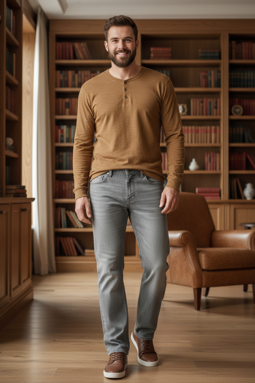 Man wearing the Liverpool Regent Relaxed Straight in Pimlico Grey with the DUER Slub Jersey Henley in Caramel at home, an easy outfit for relaxed days at home, hosting friends and easy weekends