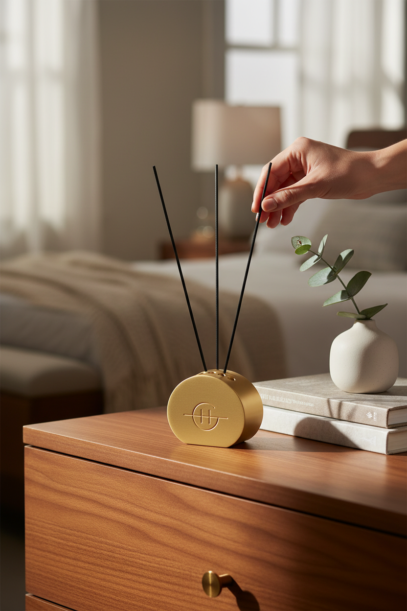 Glasshouse Arabian Nights replacement scent stems in the Scent Scene Metal Vessel beside the refill sleeve on a bathroom shelf with towels, perfect for refreshing your diffuser at home