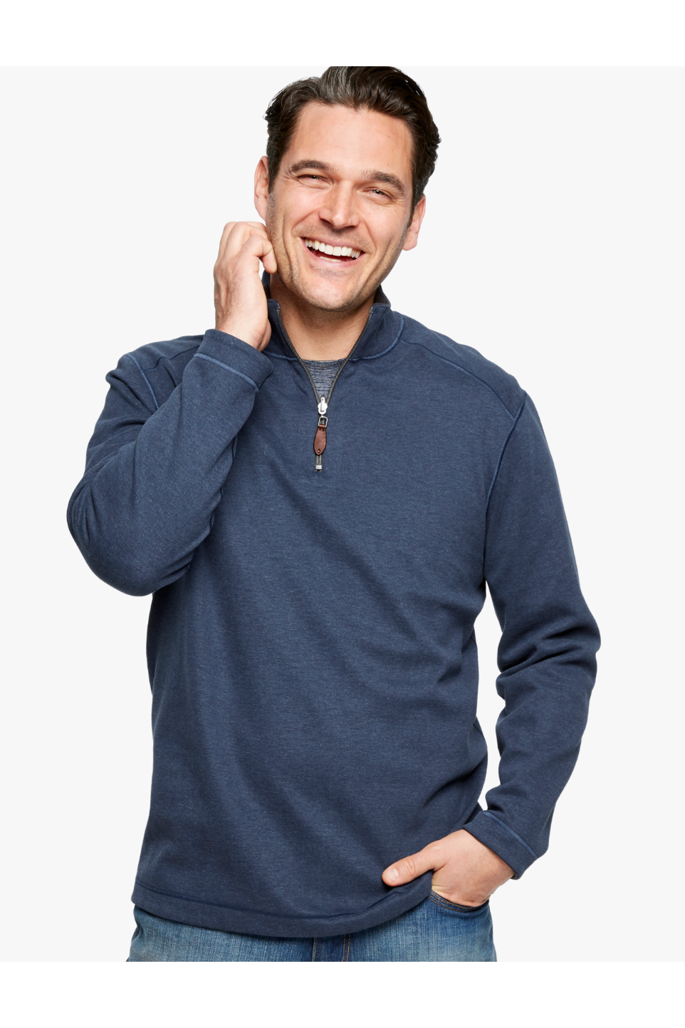 Johnston & Murphy Reversible Solid 1/4 Zip - Navy/Brown, a cozy go-to pullover for chilly mornings, road trips, the office and lounging at home
