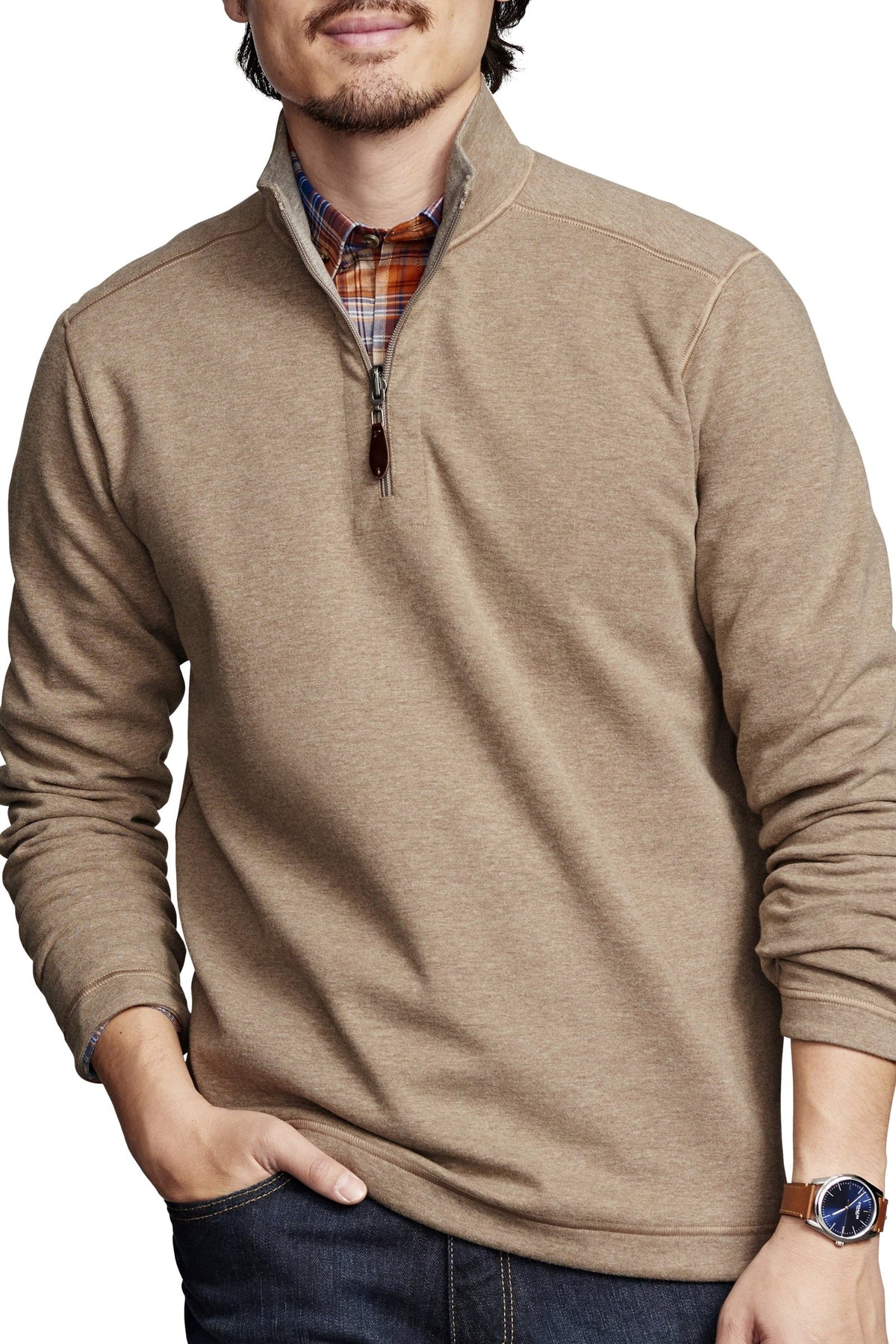 Johnston & Murphy Reversible Solid Quarter Zip - Oatmeal/Light Grey, a cozy go-to pullover for chilly mornings, road trips, the office and lounging at home