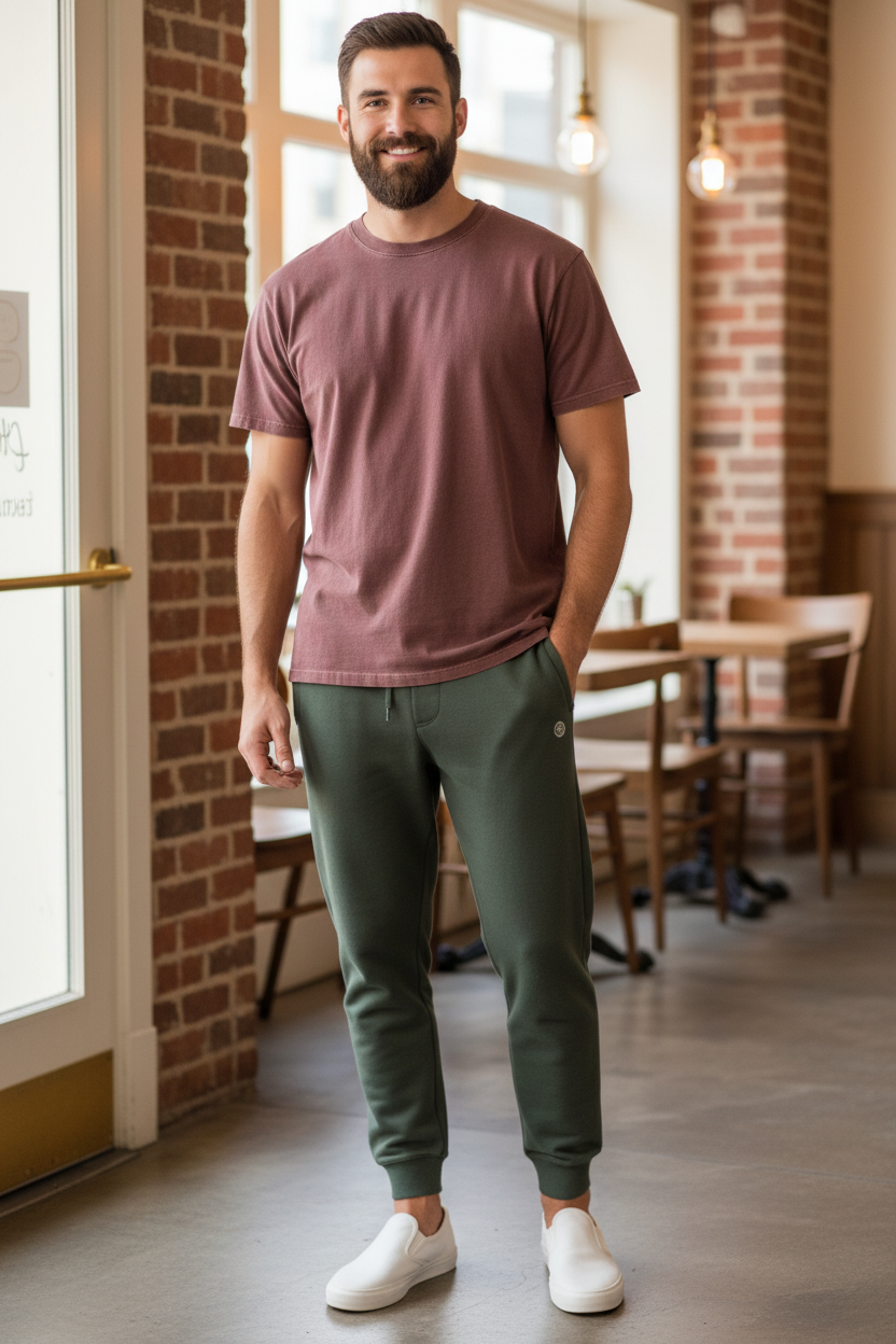 Man wearing the 7 Diamonds Rev Jogger with the Rhythm Classic Vintage Tee in Merlot at a cozy restaurant, an easy outfit for dinners out, coffee dates and relaxed weekends
