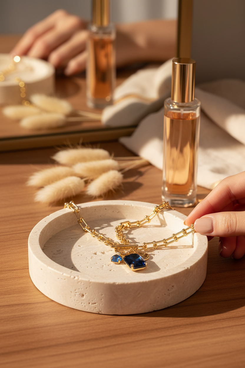 Royal Blue Crystal Charms Necklace on a travertine jewelry dish, perfect for layering, everyday wear and gifting