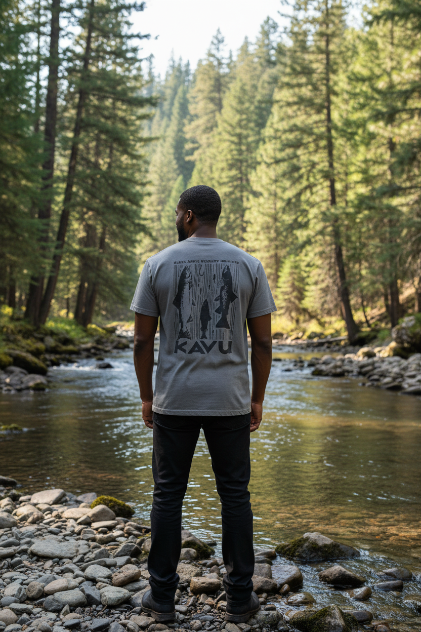 KAVU Salmon Tee in moonless night worn riverside, a rugged heavyweight tee made for fly fishing, camping and long days by the water in the PNW.