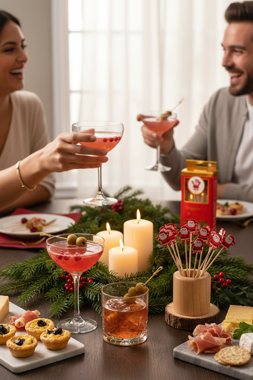 Sophistiplate Santa Large Cocktail Picks on a festive party table with cocktails, perfect for holiday parties, happy hours and hosting
