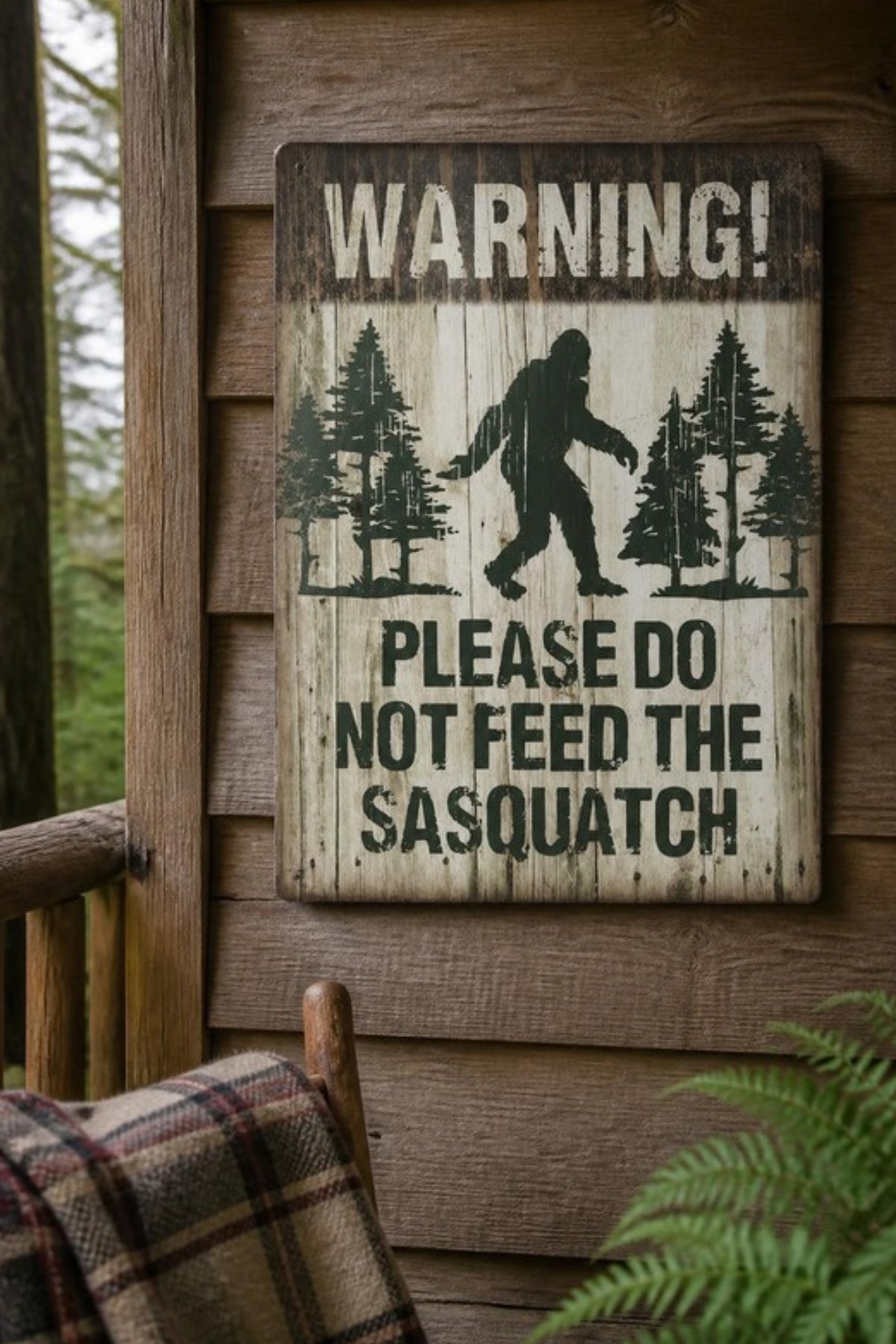 Signs 4 Fun Please Do Not Feed the Sasquatch sign hanging on a cabin porch, rustic Bigfoot decor that brings a laugh to the cabin, lake house, deck or campsite and a fun gift for Sasquatch believers