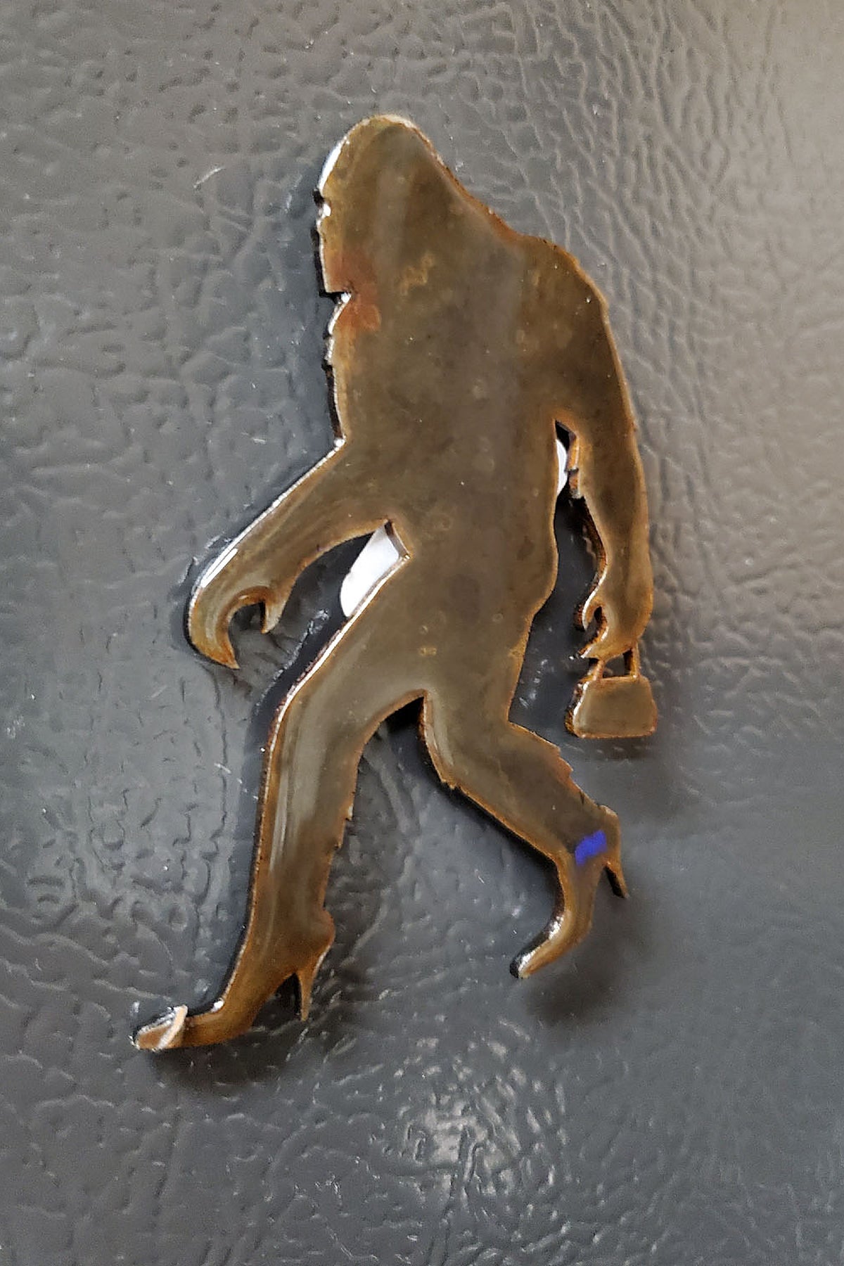 Paradise Cay Publications Sassy Squatch magnet close up on a fridge, a funny Bigfoot-in-heels magnet and an easy stocking stuffer