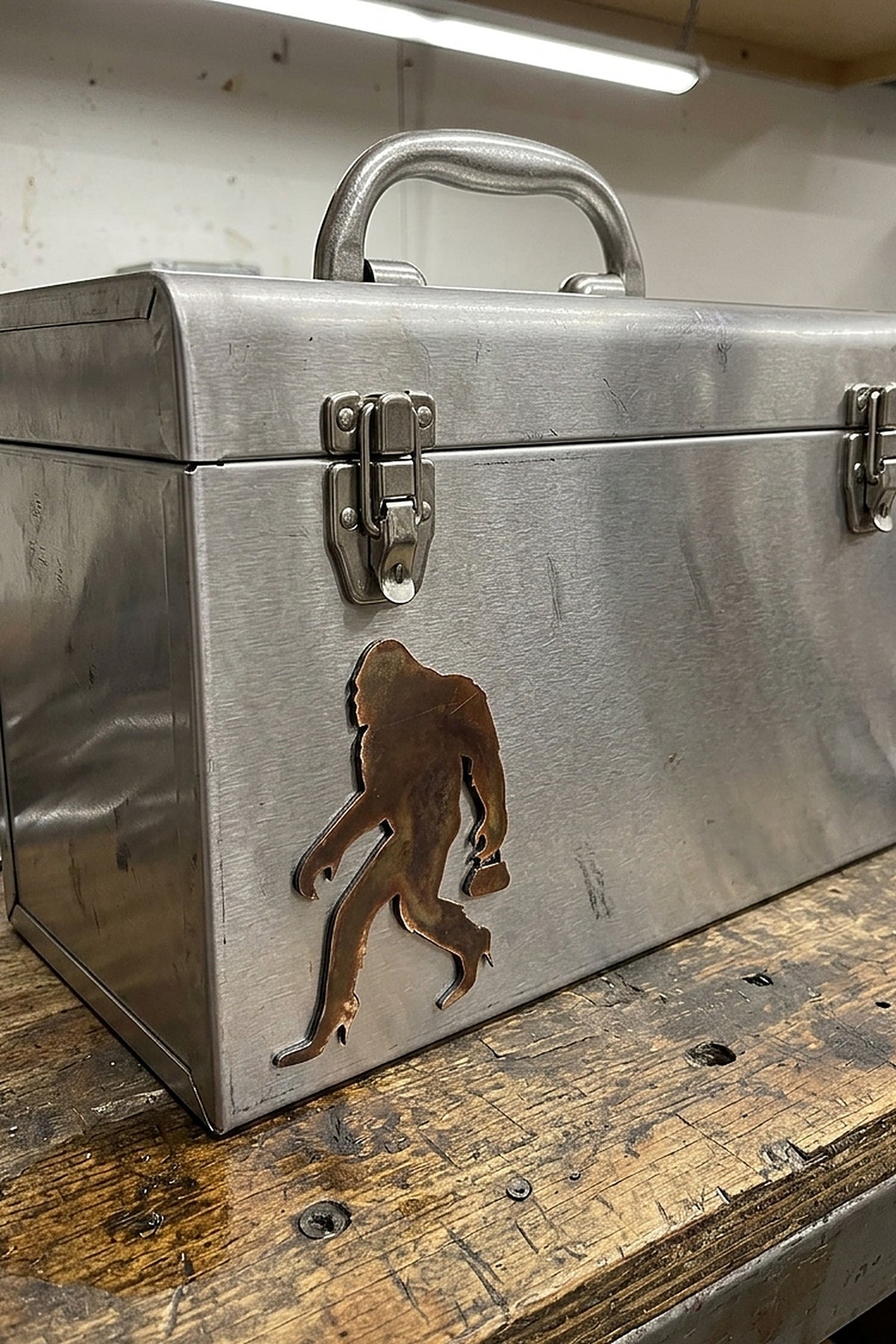 Paradise Cay Publications Sassy Squatch magnet on a metal toolbox, a funny rusted steel Bigfoot-in-heels magnet for the toolbox, fridge or truck and a great gag gift