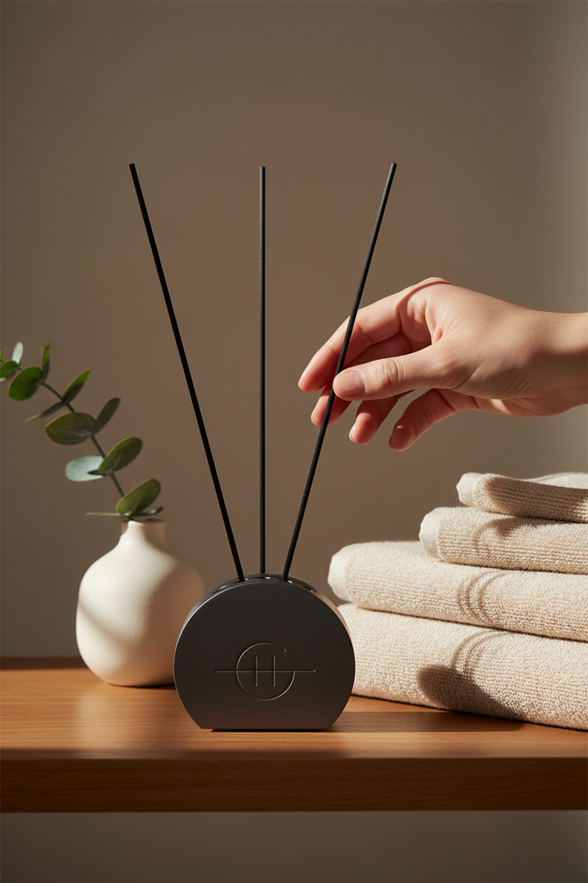 Glasshouse Scent Scene Metal Vessel in Black with three long scent stems on a wood bathroom shelf beside folded towels, perfect for gently scenting your bathroom, entry or bedroom