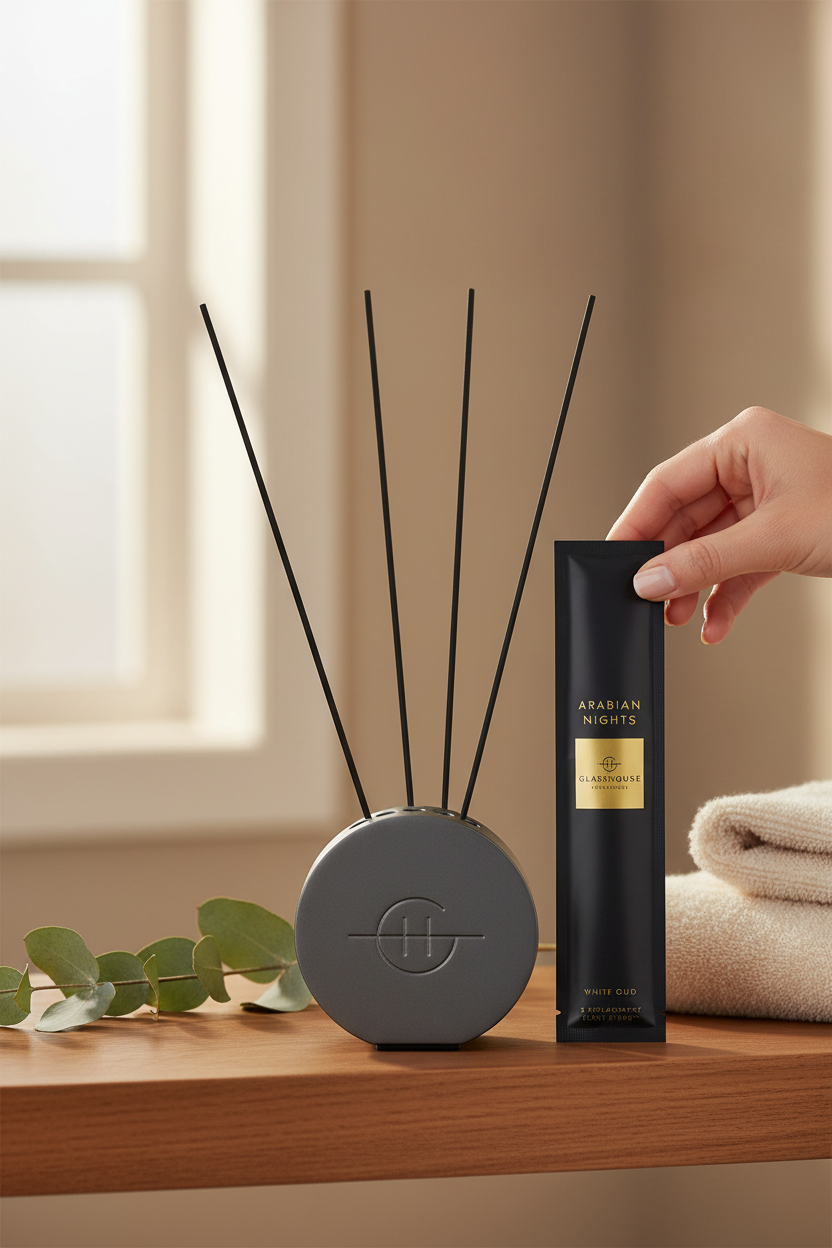 Glasshouse Scent Scene Metal Vessel in Gold with long scent stems on a bedroom nightstand beside books and eucalyptus, perfect for gently scenting your bedroom, bath or entry