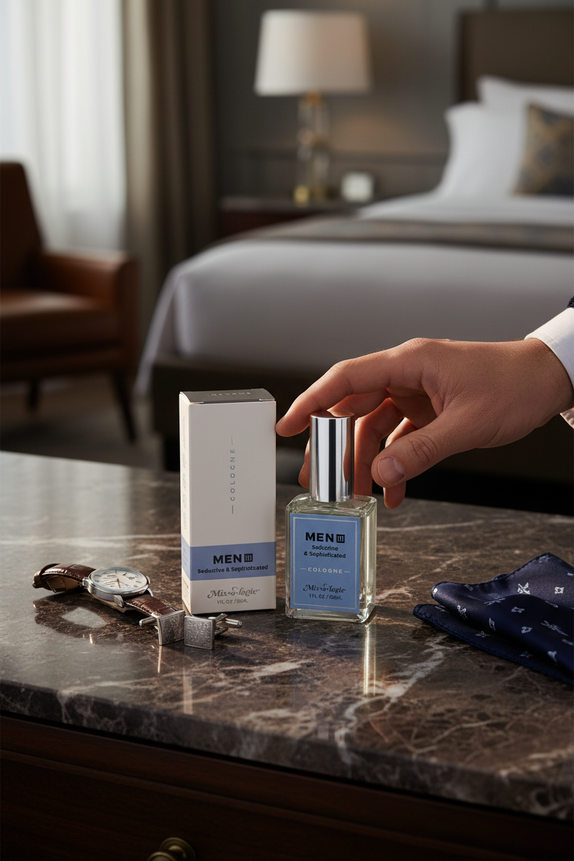 Mixologie Seductive and Sophisticated cologne on a marble dresser with a watch and cufflinks, a bold, long-lasting men's cologne for date nights, events and gifting