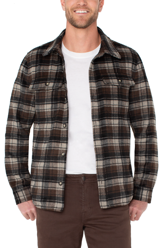 Liverpool Shirt Jacket - Putty/Brown/Black, a versatile jacket for cool mornings, fall weekends, travel and everyday layering