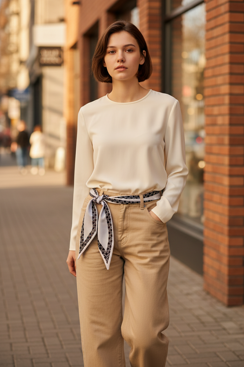 Black Trim Skinny Scarf worn as a belt, threaded through camel trousers and knotted at the waist with a cream blouse, perfect for adding polish to work and weekend outfits downtown