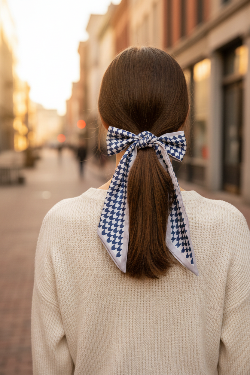 Navy and White Pattern Skinny Scarf tied in a bow around a low ponytail as a hair ribbon, worn with a cream sweater on a downtown street, perfect for polishing everyday outfits, brunch and weekend errands