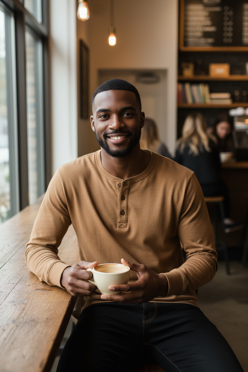 DU/ER Slub Jersey Henley in caramel, a relaxed-fit henley for coffee shop mornings, casual Fridays and cozy weekends around town.