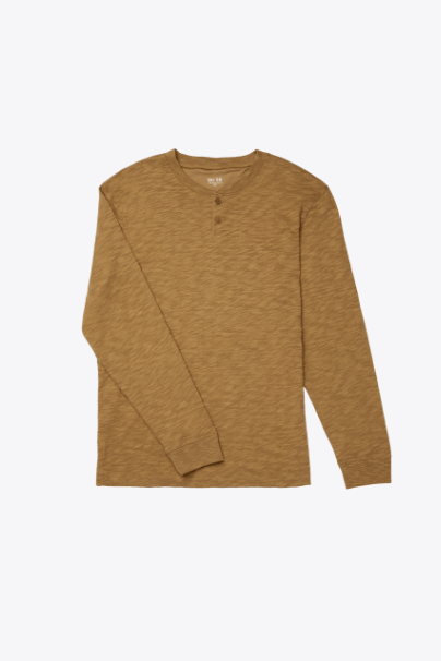 DUER Slub Jersey Henley - Caramel, a soft, classic henley for layering, cabin weekends, travel and everyday wear