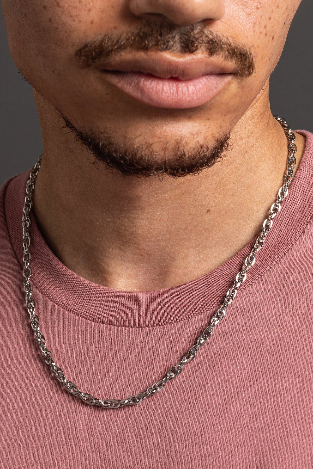 We Are All Smith Stainless Steel 5mm Rope Chain worn with a tee, a bold waterproof and sweatproof rope necklace for everyday wear, workouts and nights out