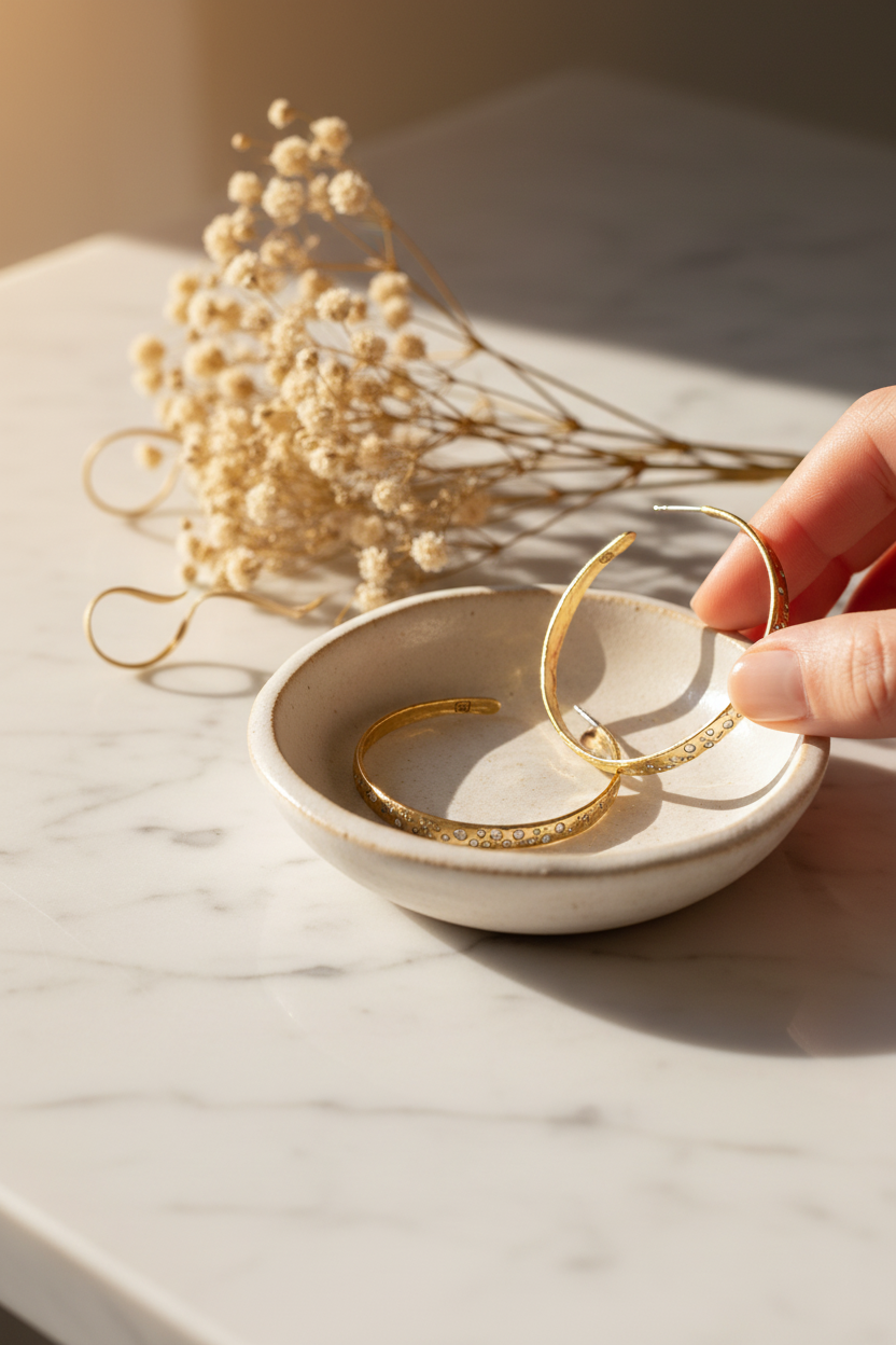Waxing Poetic Starshower Galactic Hoop Earring on a ceramic dish on a vanity, perfect for everyday wear, date nights and gifting